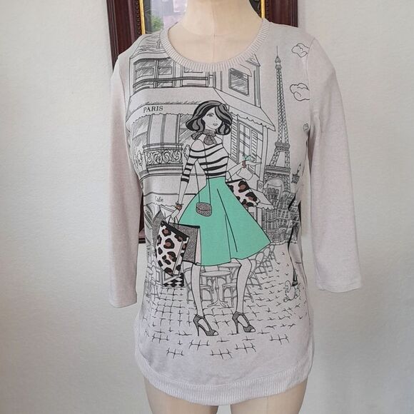 mesh & lace Tops - Mesh + Lace Graphic Lady In Paris Shopping Shirt